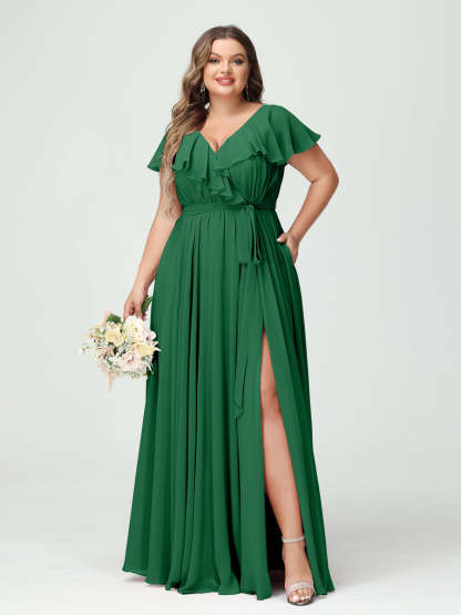 Plus Size Chiffon Bridesmaid Dress with Pockets - A-Line/Princess V-Neck, Short Sleeves, Ruffles, Ruched & Side Split-BMbridal.UK