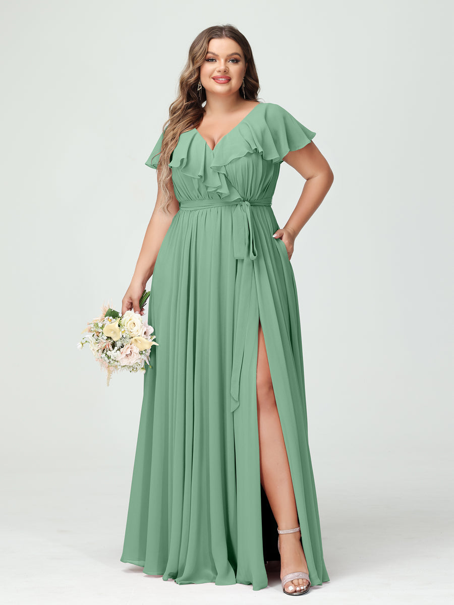 Plus Size Chiffon Bridesmaid Dress with Pockets - A-Line/Princess V-Neck, Short Sleeves, Ruffles, Ruched & Side Split-BMbridal.UK