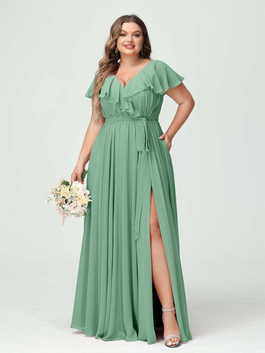 Plus Size Chiffon Bridesmaid Dress with Pockets - A-Line/Princess V-Neck, Short Sleeves, Ruffles, Ruched & Side Split-BMbridal.UK