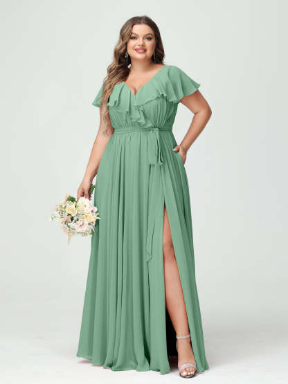 Plus Size Chiffon Bridesmaid Dress with Pockets - A-Line/Princess V-Neck, Short Sleeves, Ruffles, Ruched & Side Split-BMbridal.UK