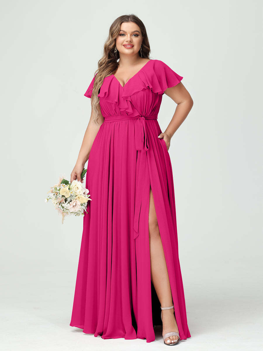 Plus Size Chiffon Bridesmaid Dress with Pockets - A-Line/Princess V-Neck, Short Sleeves, Ruffles, Ruched & Side Split-BMbridal.UK