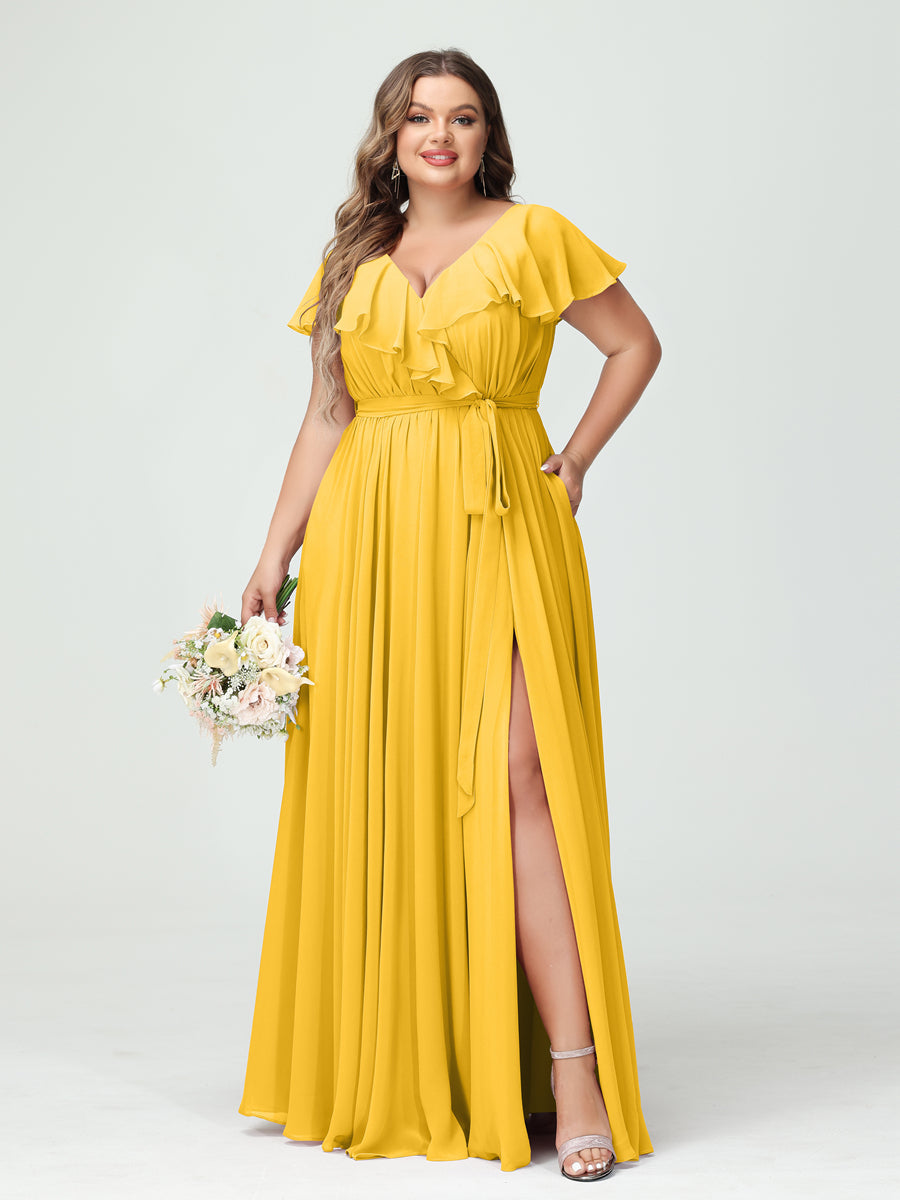 Plus Size Chiffon Bridesmaid Dress with Pockets - A-Line/Princess V-Neck, Short Sleeves, Ruffles, Ruched & Side Split-BMbridal.UK