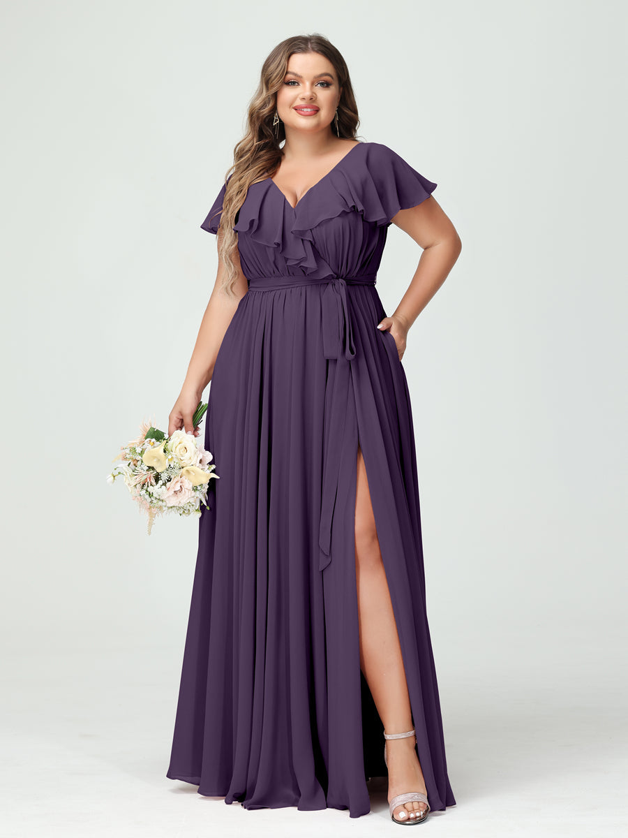 Plus Size Chiffon Bridesmaid Dress with Pockets - A-Line/Princess V-Neck, Short Sleeves, Ruffles, Ruched & Side Split-BMbridal.UK
