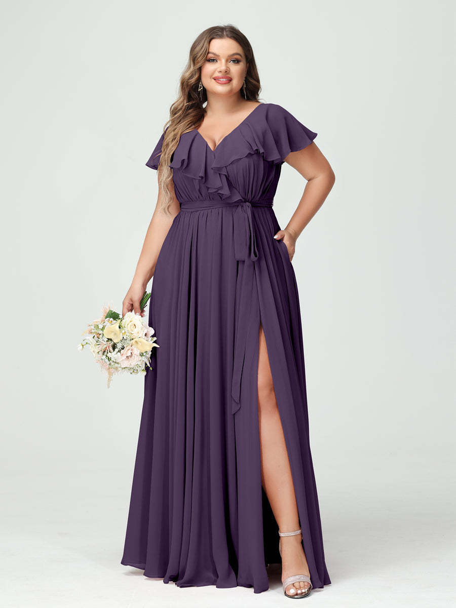 Plus Size Chiffon Bridesmaid Dress with Pockets - A-Line/Princess V-Neck, Short Sleeves, Ruffles, Ruched & Side Split-BMbridal.UK