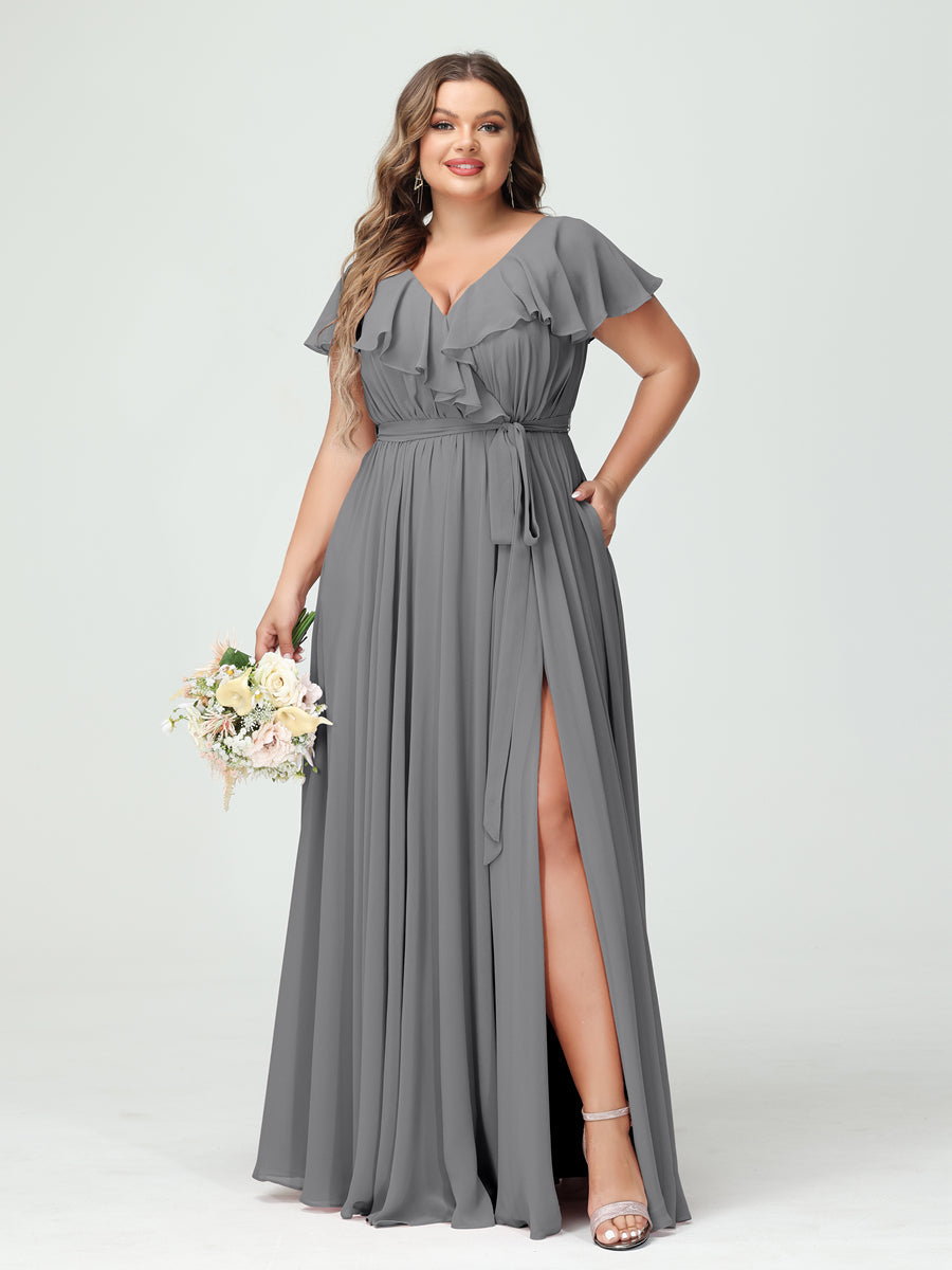Plus Size Chiffon Bridesmaid Dress with Pockets - A-Line/Princess V-Neck, Short Sleeves, Ruffles, Ruched & Side Split-BMbridal.UK