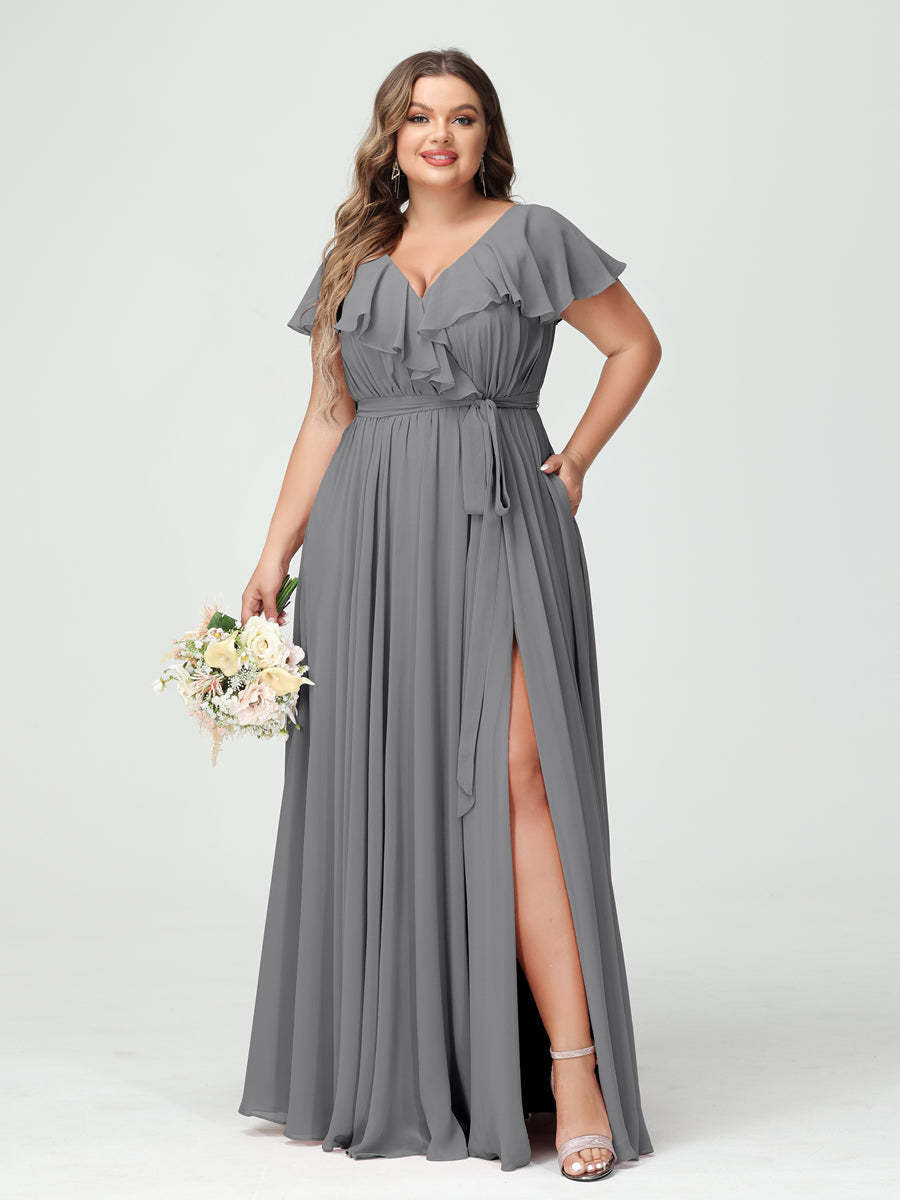 Plus Size Chiffon Bridesmaid Dress with Pockets - A-Line/Princess V-Neck, Short Sleeves, Ruffles, Ruched & Side Split-BMbridal.UK