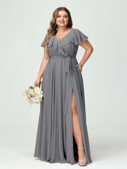 Plus Size Chiffon Bridesmaid Dress with Pockets - A-Line/Princess V-Neck, Short Sleeves, Ruffles, Ruched & Side Split-BMbridal.UK