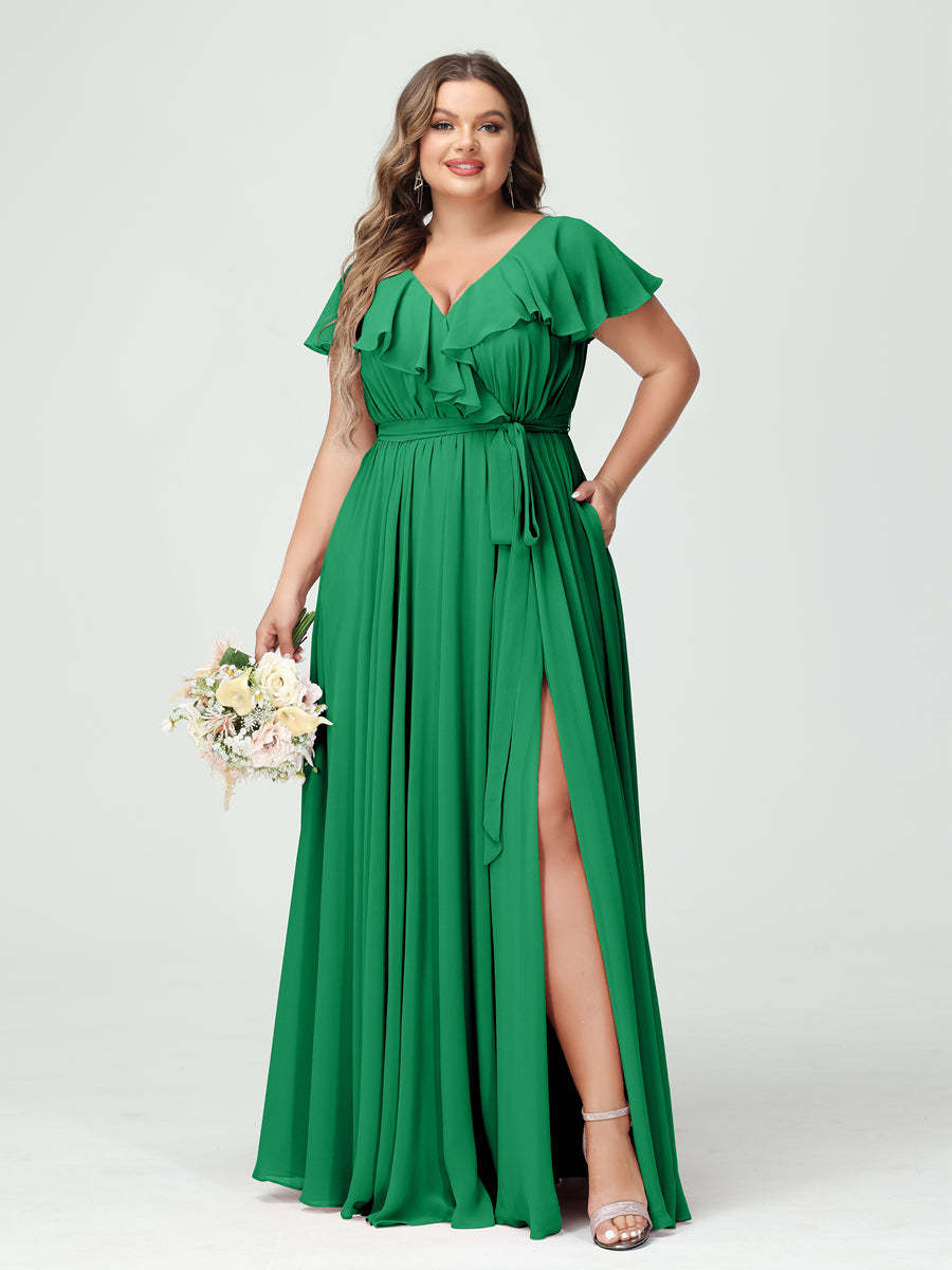 Plus Size Chiffon Bridesmaid Dress with Pockets - A-Line/Princess V-Neck, Short Sleeves, Ruffles, Ruched & Side Split-BMbridal.UK