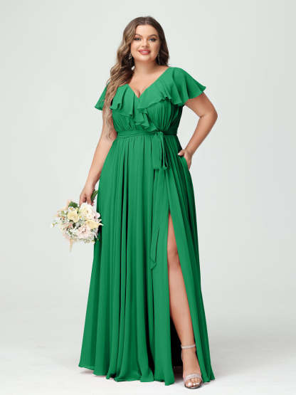 Plus Size Chiffon Bridesmaid Dress with Pockets - A-Line/Princess V-Neck, Short Sleeves, Ruffles, Ruched & Side Split-BMbridal.UK