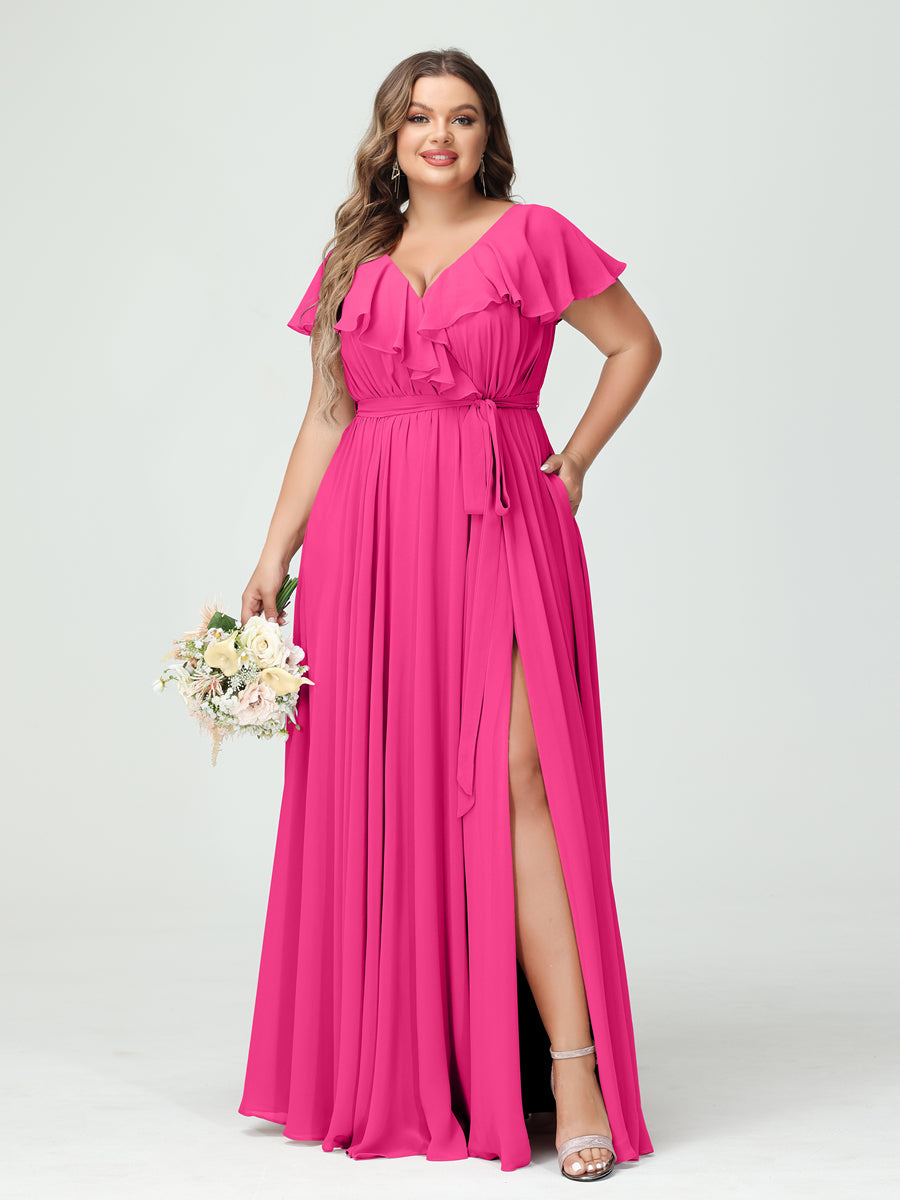 Plus Size Chiffon Bridesmaid Dress with Pockets - A-Line/Princess V-Neck, Short Sleeves, Ruffles, Ruched & Side Split-BMbridal.UK