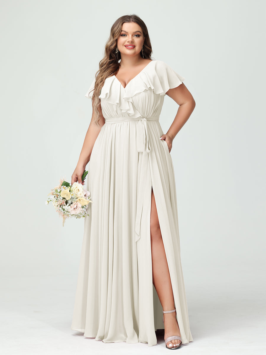 Plus Size Chiffon Bridesmaid Dress with Pockets - A-Line/Princess V-Neck, Short Sleeves, Ruffles, Ruched & Side Split-BMbridal.UK