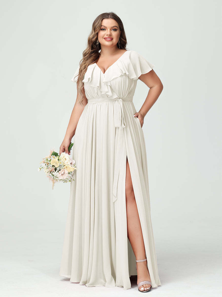 Plus Size Chiffon Bridesmaid Dress with Pockets - A-Line/Princess V-Neck, Short Sleeves, Ruffles, Ruched & Side Split-BMbridal.UK