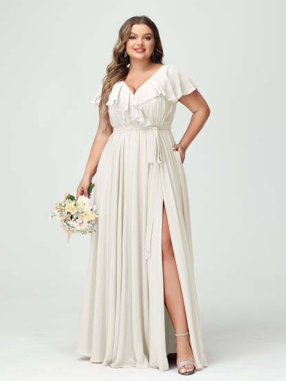 Plus Size Chiffon Bridesmaid Dress with Pockets - A-Line/Princess V-Neck, Short Sleeves, Ruffles, Ruched & Side Split-BMbridal.UK