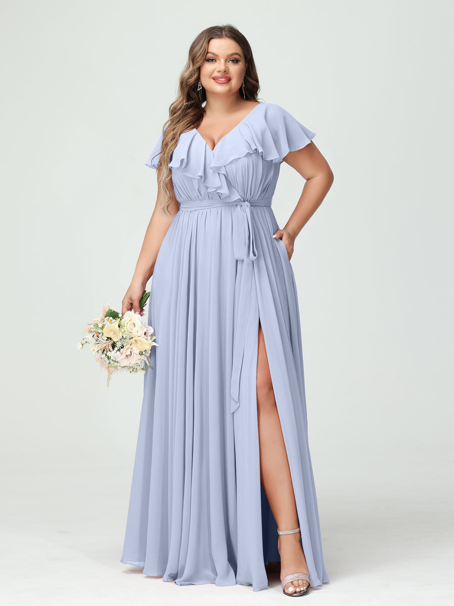 Plus Size Chiffon Bridesmaid Dress with Pockets - A-Line/Princess V-Neck, Short Sleeves, Ruffles, Ruched & Side Split-BMbridal.UK