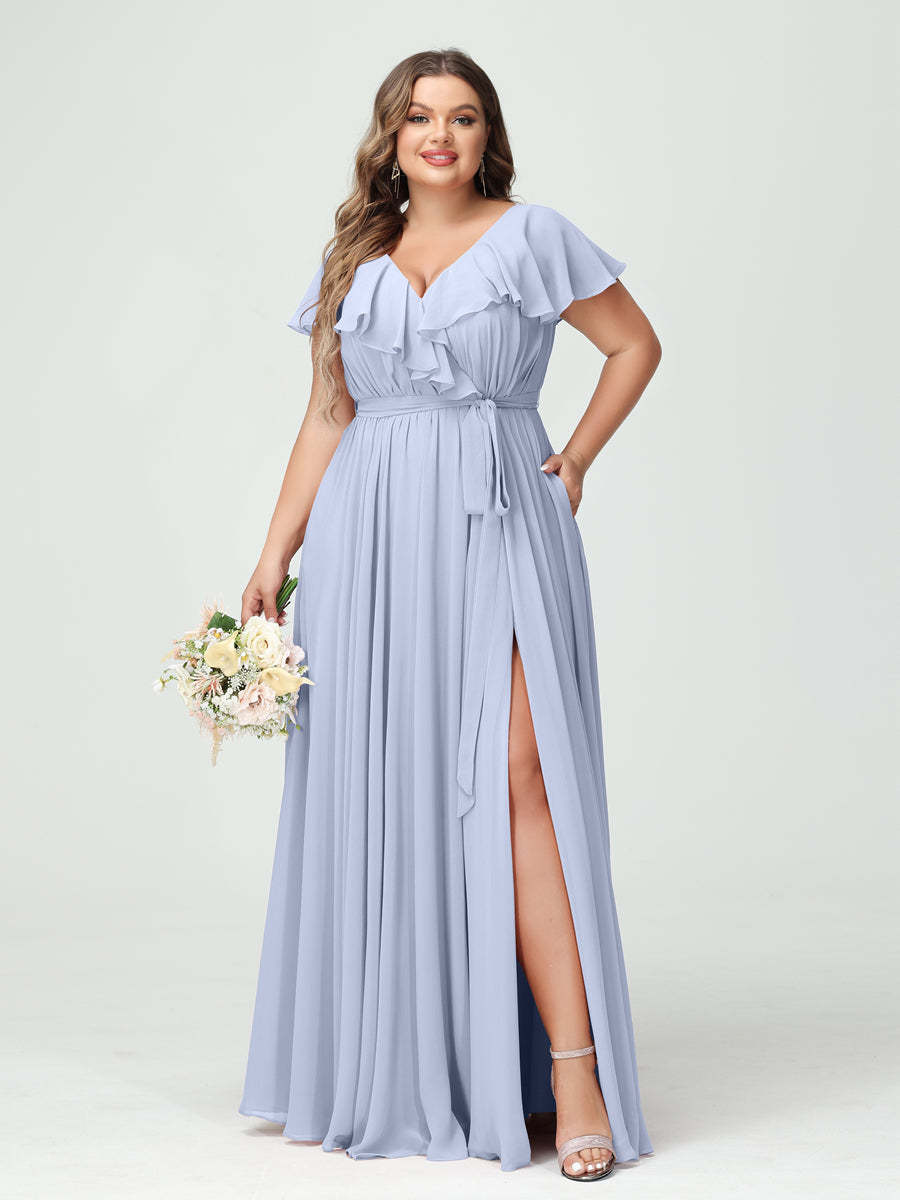 Plus Size Chiffon Bridesmaid Dress with Pockets - A-Line/Princess V-Neck, Short Sleeves, Ruffles, Ruched & Side Split-BMbridal.UK