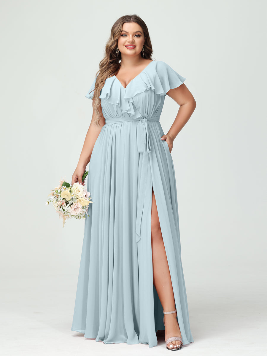Plus Size Chiffon Bridesmaid Dress with Pockets - A-Line/Princess V-Neck, Short Sleeves, Ruffles, Ruched & Side Split-BMbridal.UK