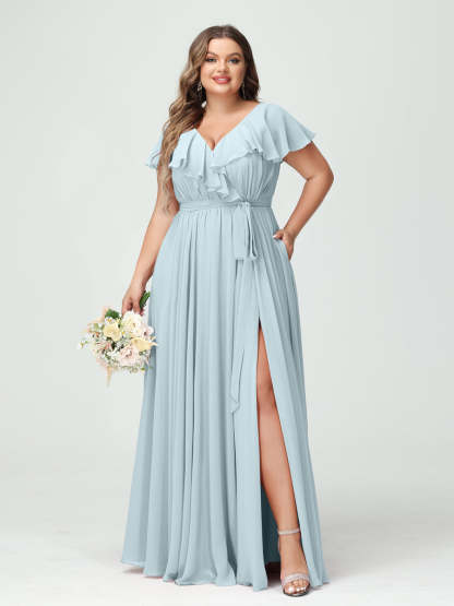 Plus Size Chiffon Bridesmaid Dress with Pockets - A-Line/Princess V-Neck, Short Sleeves, Ruffles, Ruched & Side Split-BMbridal.UK