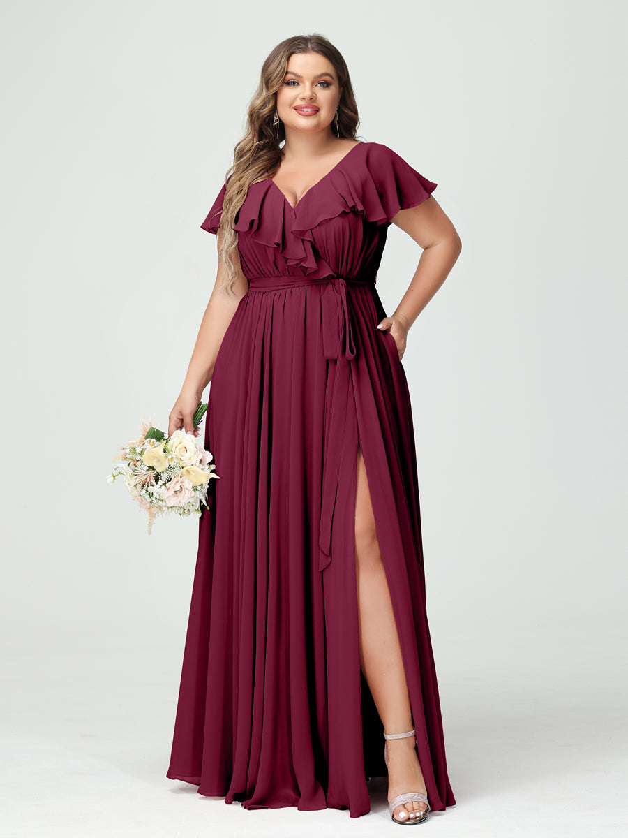 Plus Size Chiffon Bridesmaid Dress with Pockets - A-Line/Princess V-Neck, Short Sleeves, Ruffles, Ruched & Side Split-BMbridal.UK