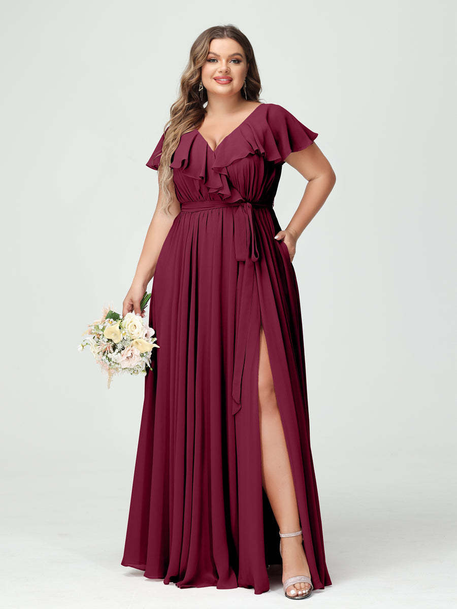 Plus Size Chiffon Bridesmaid Dress with Pockets - A-Line/Princess V-Neck, Short Sleeves, Ruffles, Ruched & Side Split-BMbridal.UK