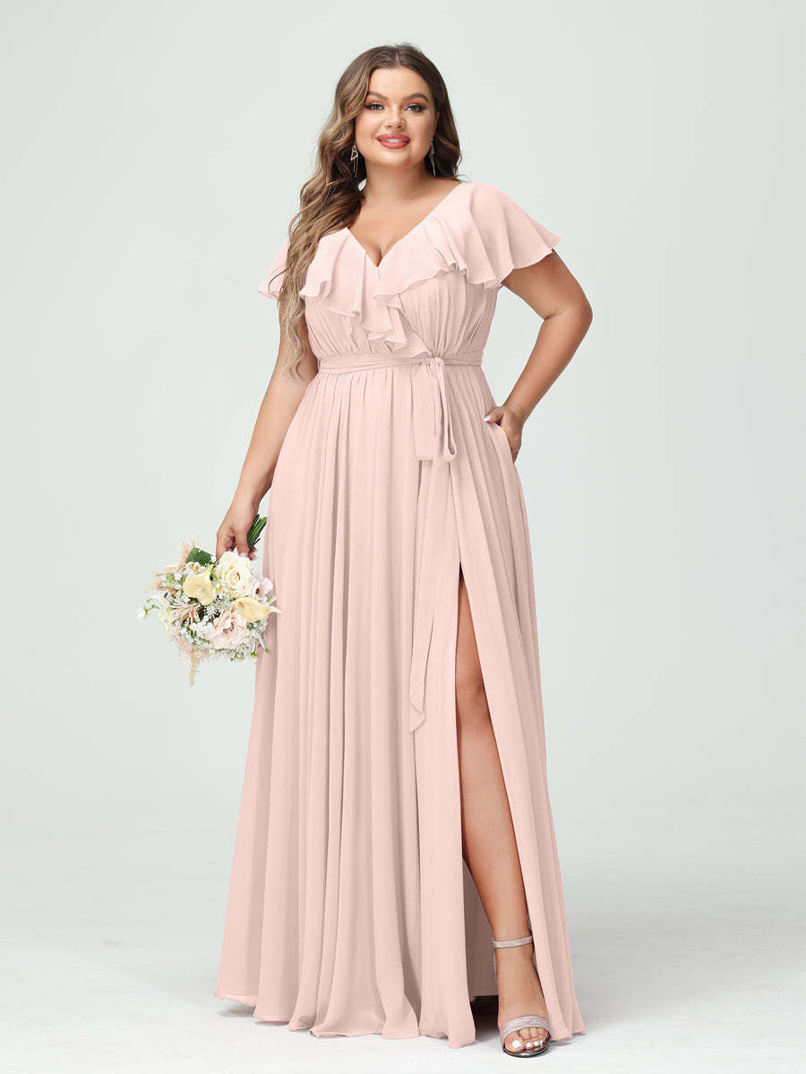 Plus Size Chiffon Bridesmaid Dress with Pockets - A-Line/Princess V-Neck, Short Sleeves, Ruffles, Ruched & Side Split-BMbridal.UK