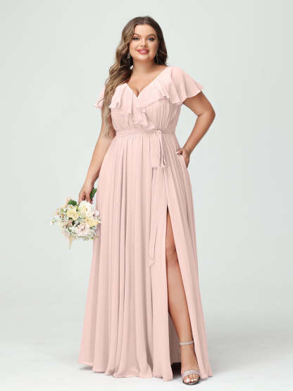 Plus Size Chiffon Bridesmaid Dress with Pockets - A-Line/Princess V-Neck, Short Sleeves, Ruffles, Ruched & Side Split-BMbridal.UK