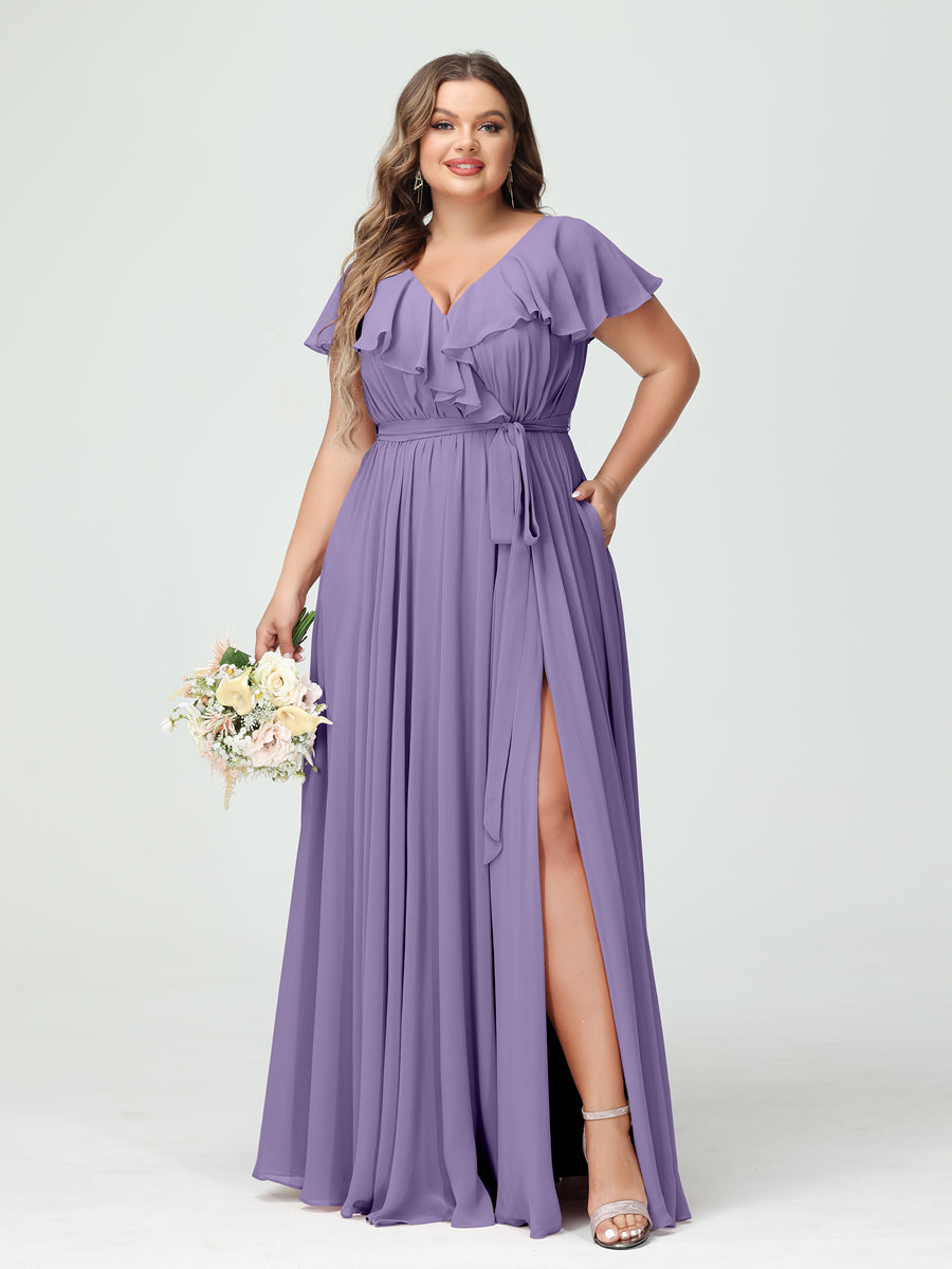 Plus Size Chiffon Bridesmaid Dress with Pockets - A-Line/Princess V-Neck, Short Sleeves, Ruffles, Ruched & Side Split-BMbridal.UK