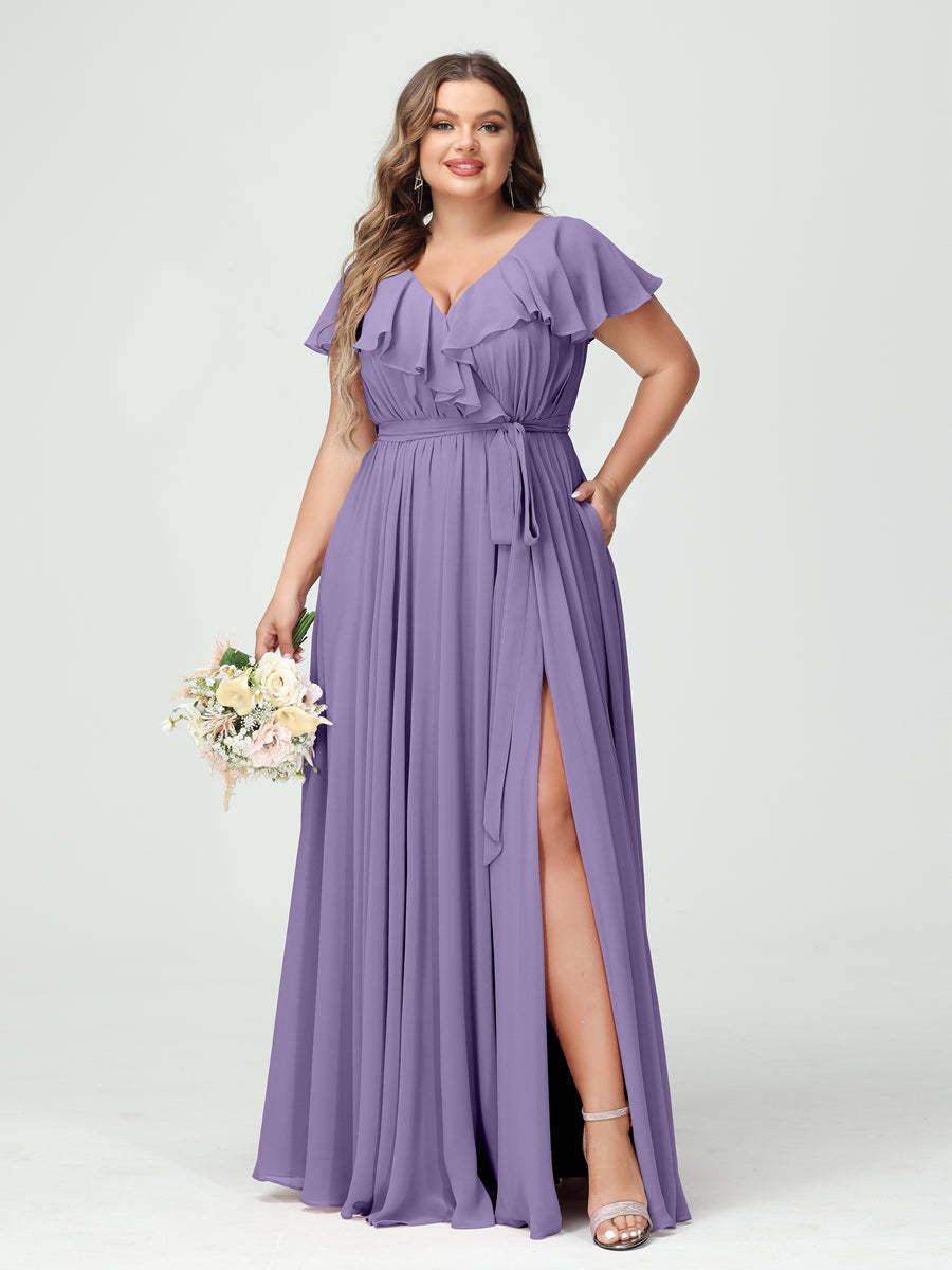 Plus Size Chiffon Bridesmaid Dress with Pockets - A-Line/Princess V-Neck, Short Sleeves, Ruffles, Ruched & Side Split-BMbridal.UK