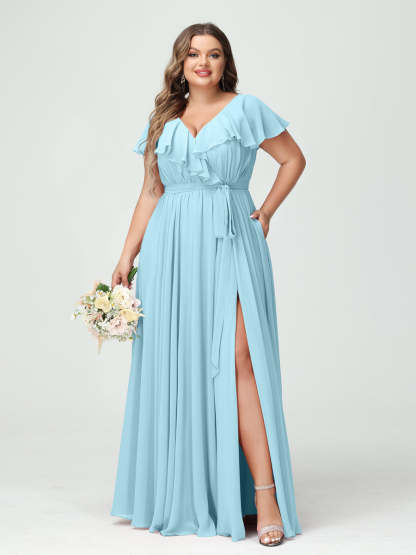 Plus Size Chiffon Bridesmaid Dress with Pockets - A-Line/Princess V-Neck, Short Sleeves, Ruffles, Ruched & Side Split-BMbridal.UK