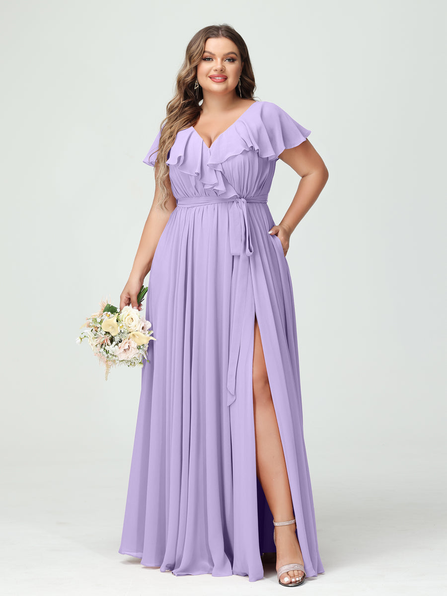 Plus Size Chiffon Bridesmaid Dress with Pockets - A-Line/Princess V-Neck, Short Sleeves, Ruffles, Ruched & Side Split-BMbridal.UK
