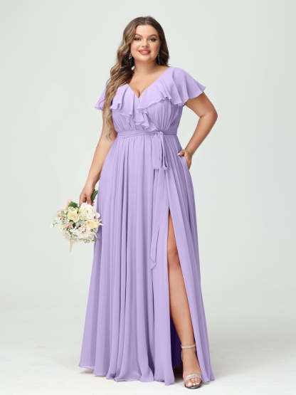 Plus Size Chiffon Bridesmaid Dress with Pockets - A-Line/Princess V-Neck, Short Sleeves, Ruffles, Ruched & Side Split-BMbridal.UK
