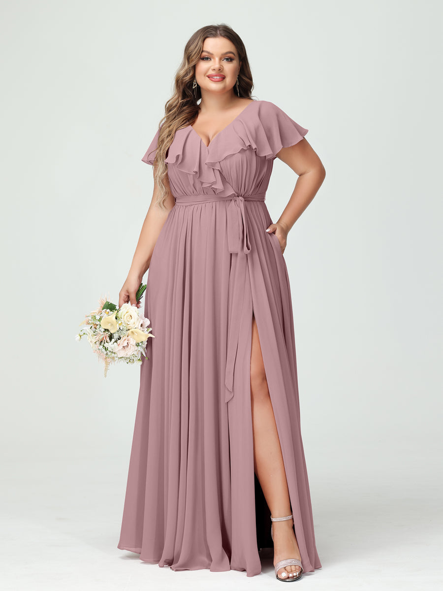 Plus Size Chiffon Bridesmaid Dress with Pockets - A-Line/Princess V-Neck, Short Sleeves, Ruffles, Ruched & Side Split-BMbridal.UK