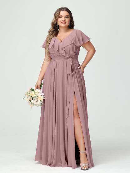 Plus Size Chiffon Bridesmaid Dress with Pockets - A-Line/Princess V-Neck, Short Sleeves, Ruffles, Ruched & Side Split-BMbridal.UK