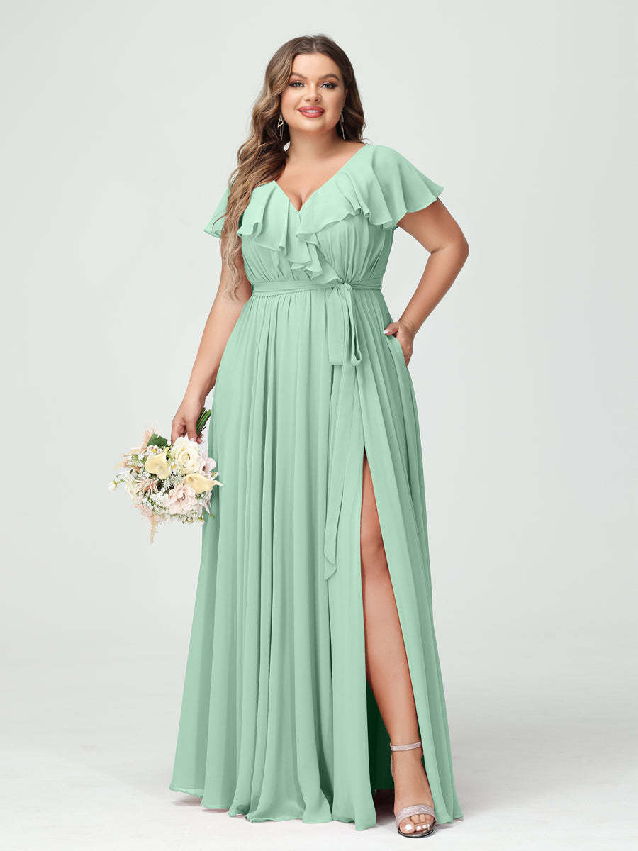 Plus Size Chiffon Bridesmaid Dress with Pockets - A-Line/Princess V-Neck, Short Sleeves, Ruffles, Ruched & Side Split-BMbridal.UK