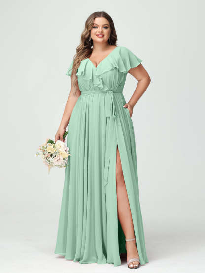 Plus Size Chiffon Bridesmaid Dress with Pockets - A-Line/Princess V-Neck, Short Sleeves, Ruffles, Ruched & Side Split-BMbridal.UK