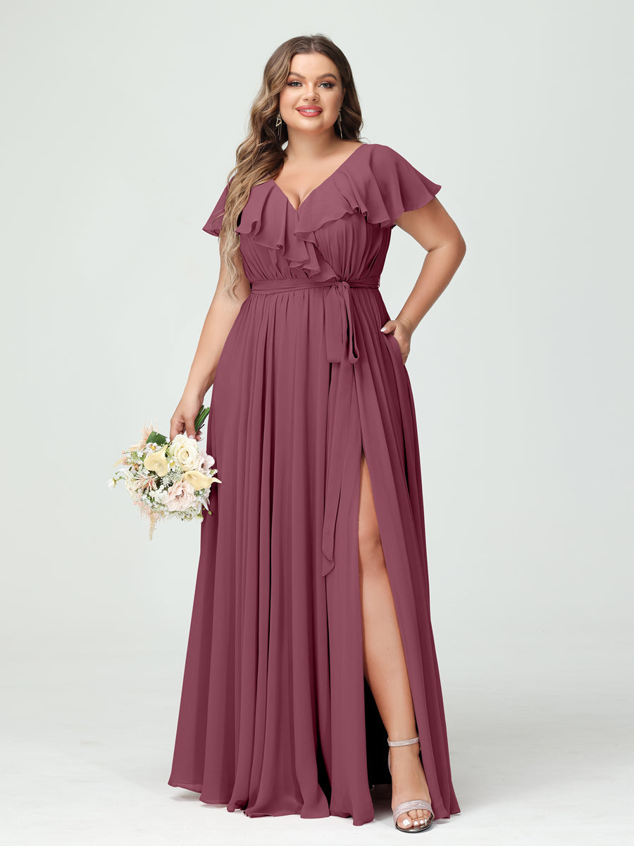 Plus Size Chiffon Bridesmaid Dress with Pockets - A-Line/Princess V-Neck, Short Sleeves, Ruffles, Ruched & Side Split-BMbridal.UK