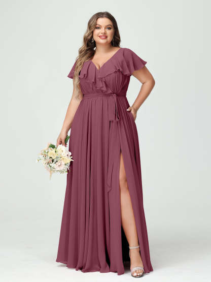 Plus Size Chiffon Bridesmaid Dress with Pockets - A-Line/Princess V-Neck, Short Sleeves, Ruffles, Ruched & Side Split-BMbridal.UK