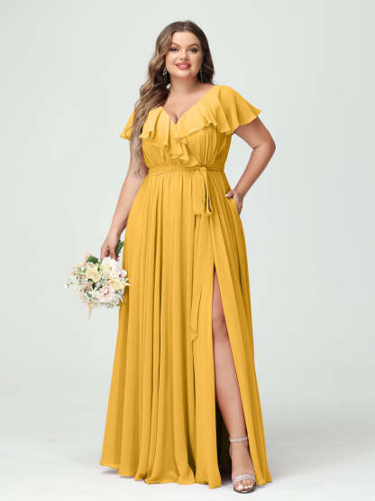 Plus Size Chiffon Bridesmaid Dress with Pockets - A-Line/Princess V-Neck, Short Sleeves, Ruffles, Ruched & Side Split-BMbridal.UK