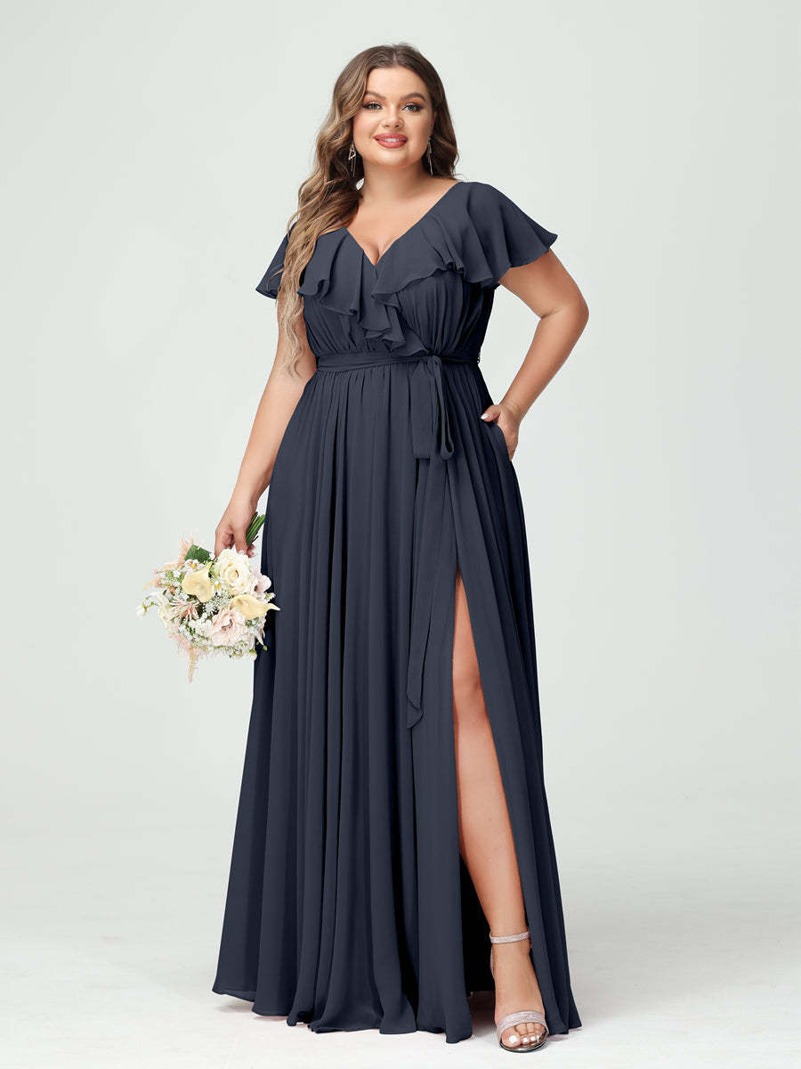 Plus Size Chiffon Bridesmaid Dress with Pockets - A-Line/Princess V-Neck, Short Sleeves, Ruffles, Ruched & Side Split-BMbridal.UK