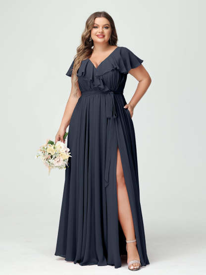 Plus Size Chiffon Bridesmaid Dress with Pockets - A-Line/Princess V-Neck, Short Sleeves, Ruffles, Ruched & Side Split-BMbridal.UK