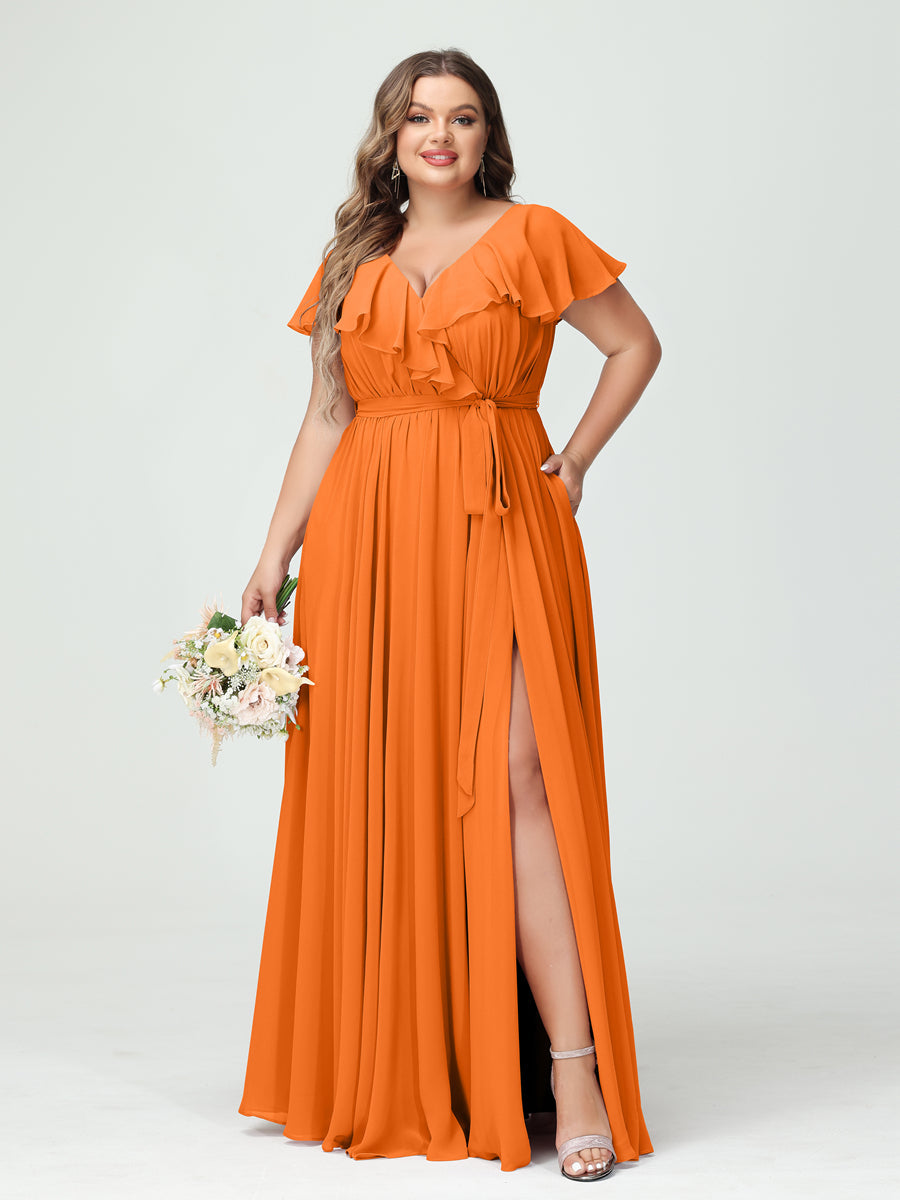 Plus Size Chiffon Bridesmaid Dress with Pockets - A-Line/Princess V-Neck, Short Sleeves, Ruffles, Ruched & Side Split-BMbridal.UK