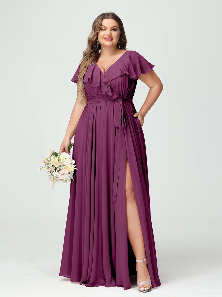 Plus Size Chiffon Bridesmaid Dress with Pockets - A-Line/Princess V-Neck, Short Sleeves, Ruffles, Ruched & Side Split-BMbridal.UK
