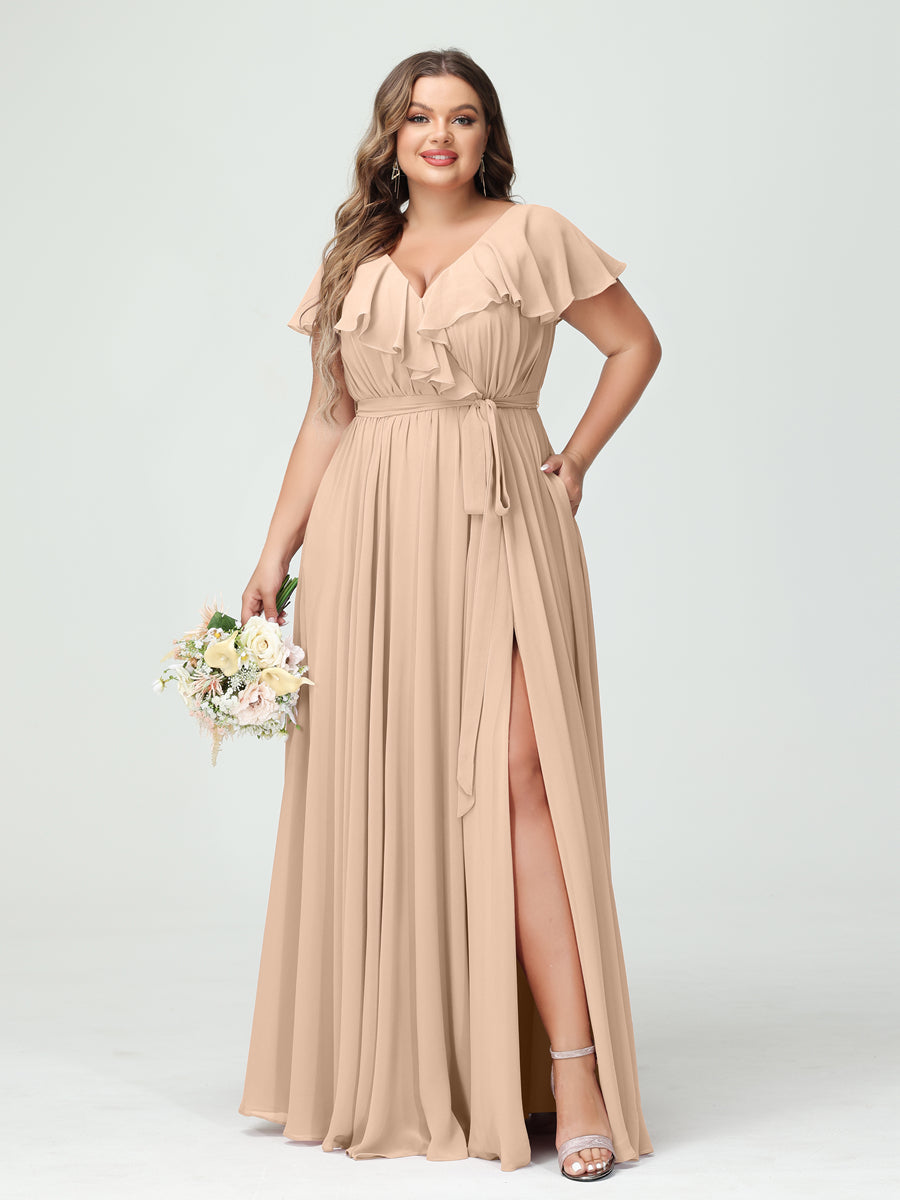 Plus Size Chiffon Bridesmaid Dress with Pockets - A-Line/Princess V-Neck, Short Sleeves, Ruffles, Ruched & Side Split-BMbridal.UK