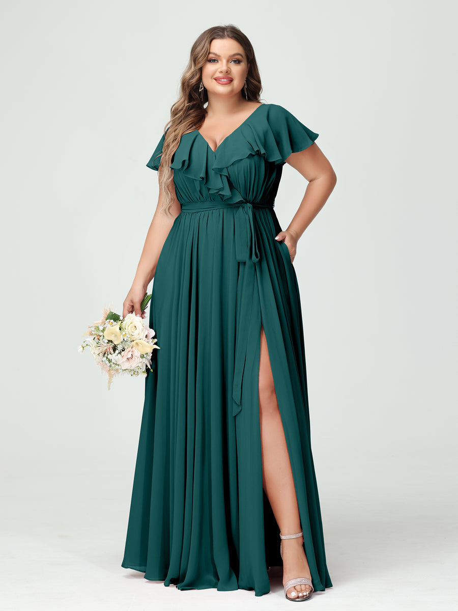 Plus Size Chiffon Bridesmaid Dress with Pockets - A-Line/Princess V-Neck, Short Sleeves, Ruffles, Ruched & Side Split-BMbridal.UK