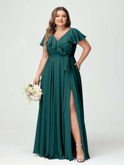 Plus Size Chiffon Bridesmaid Dress with Pockets - A-Line/Princess V-Neck, Short Sleeves, Ruffles, Ruched & Side Split-BMbridal.UK