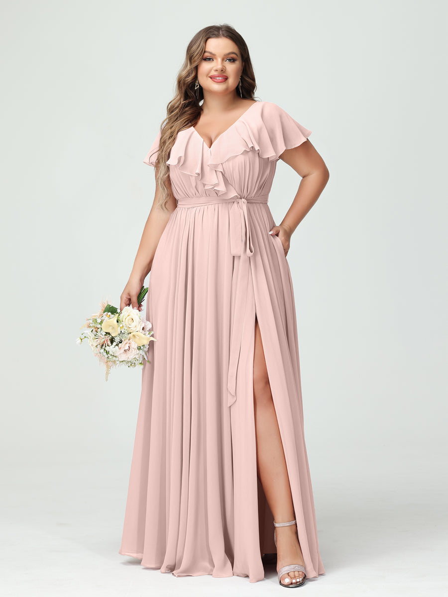 Plus Size Chiffon Bridesmaid Dress with Pockets - A-Line/Princess V-Neck, Short Sleeves, Ruffles, Ruched & Side Split-BMbridal.UK