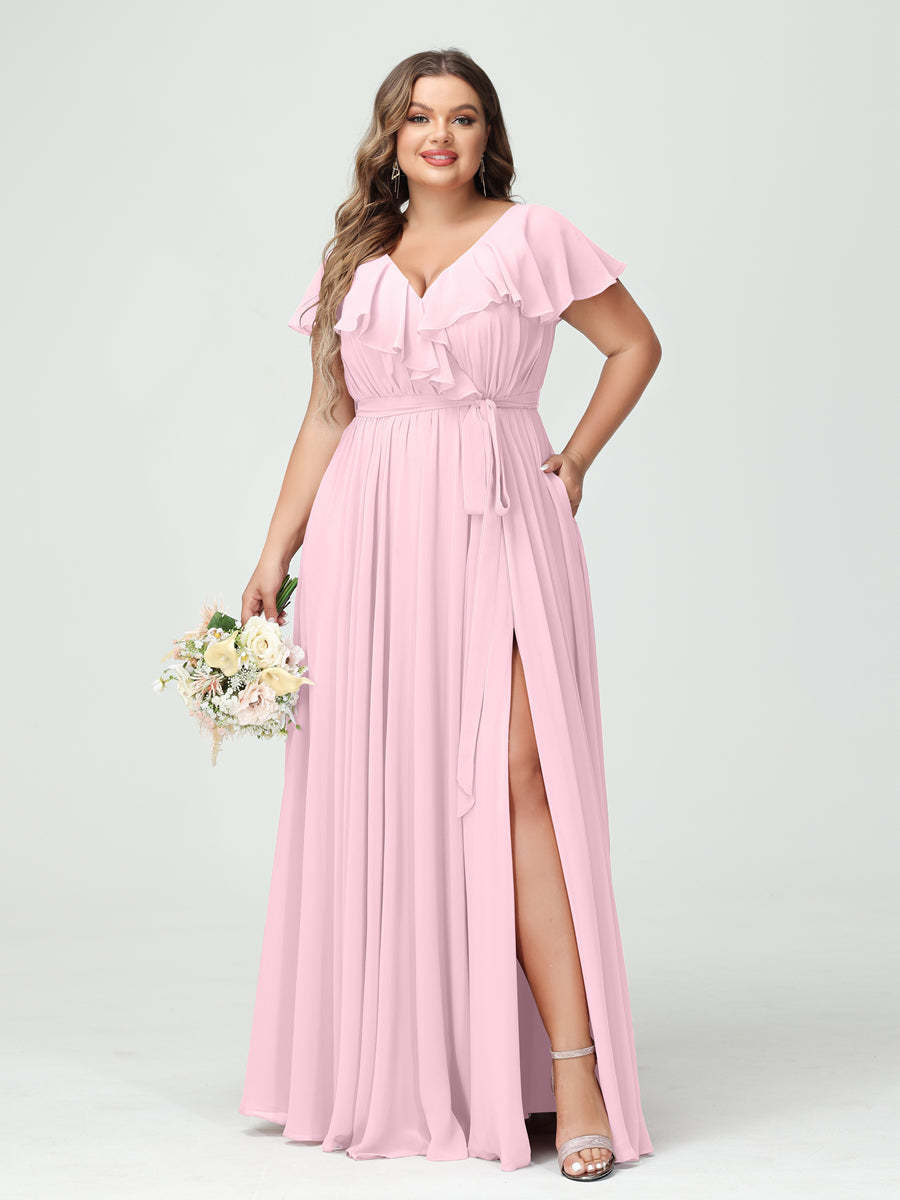 Plus Size Chiffon Bridesmaid Dress with Pockets - A-Line/Princess V-Neck, Short Sleeves, Ruffles, Ruched & Side Split-BMbridal.UK