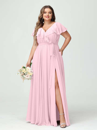 Plus Size Chiffon Bridesmaid Dress with Pockets - A-Line/Princess V-Neck, Short Sleeves, Ruffles, Ruched & Side Split-BMbridal.UK