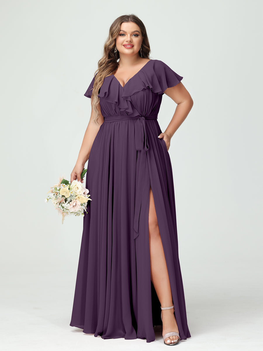 Plus Size Chiffon Bridesmaid Dress with Pockets - A-Line/Princess V-Neck, Short Sleeves, Ruffles, Ruched & Side Split-BMbridal.UK