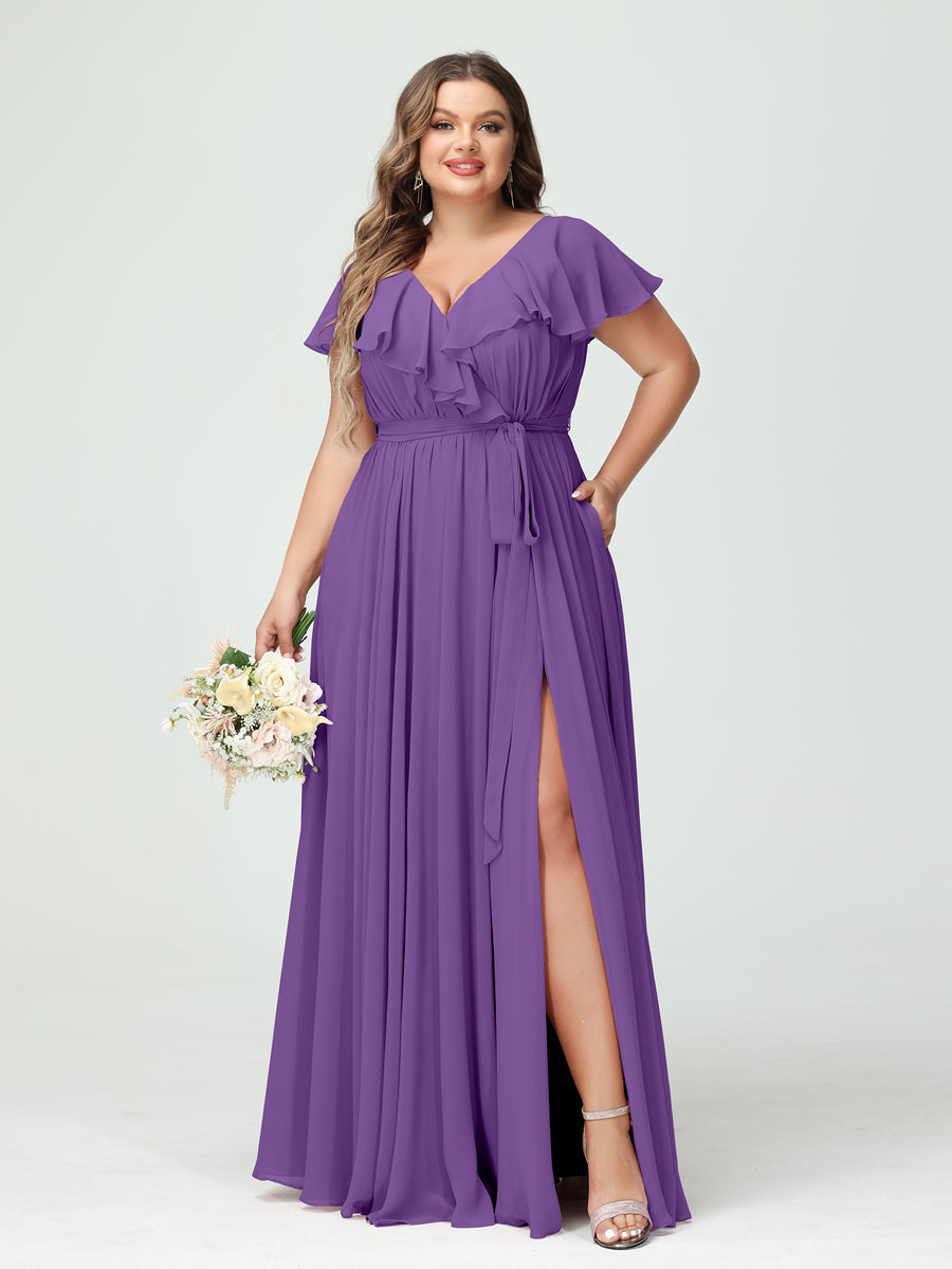 Plus Size Chiffon Bridesmaid Dress with Pockets - A-Line/Princess V-Neck, Short Sleeves, Ruffles, Ruched & Side Split-BMbridal.UK
