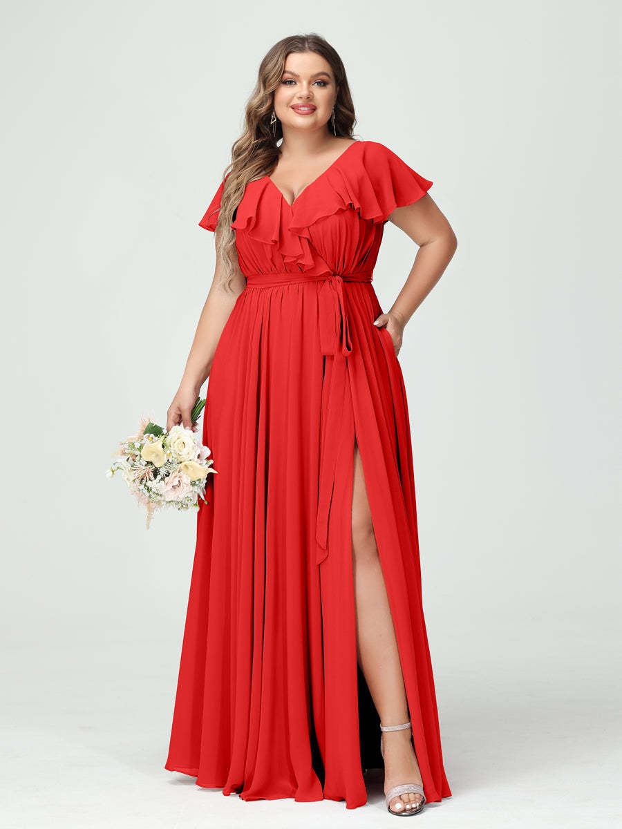 Plus Size Chiffon Bridesmaid Dress with Pockets - A-Line/Princess V-Neck, Short Sleeves, Ruffles, Ruched & Side Split-BMbridal.UK